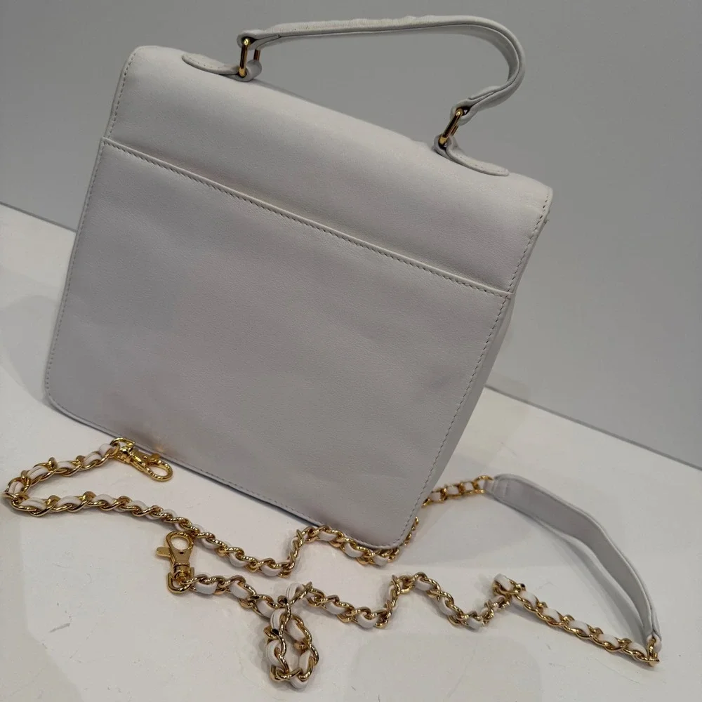 White Leather Top Handle Shoulder Bag‎ Chain Strap Gold Hardware